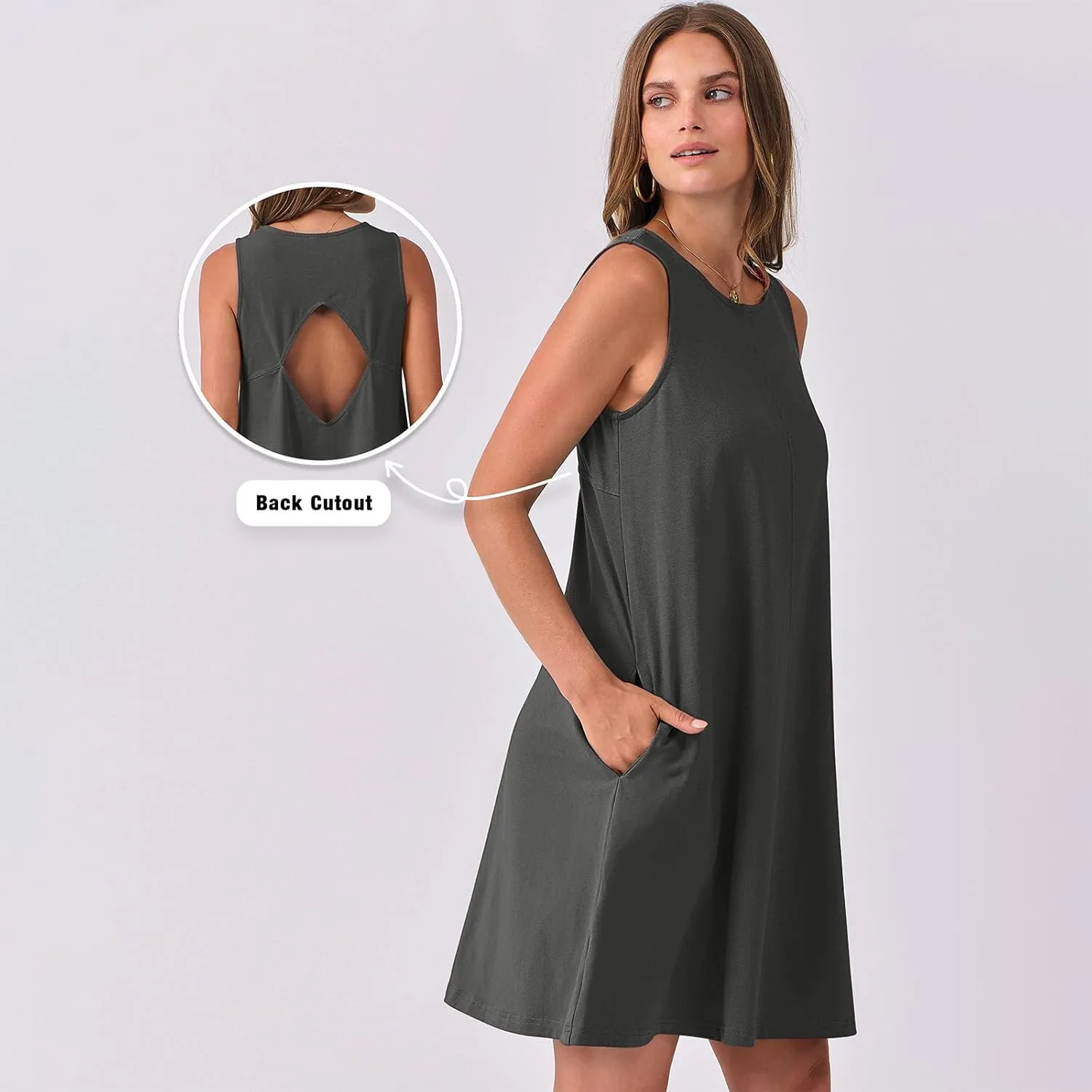 hlysgo A Line Dresses for Women Summer Cutout Back Sleeveless Mini Sundress Casual Loose Fit Coverup Beach Dress with Pocket