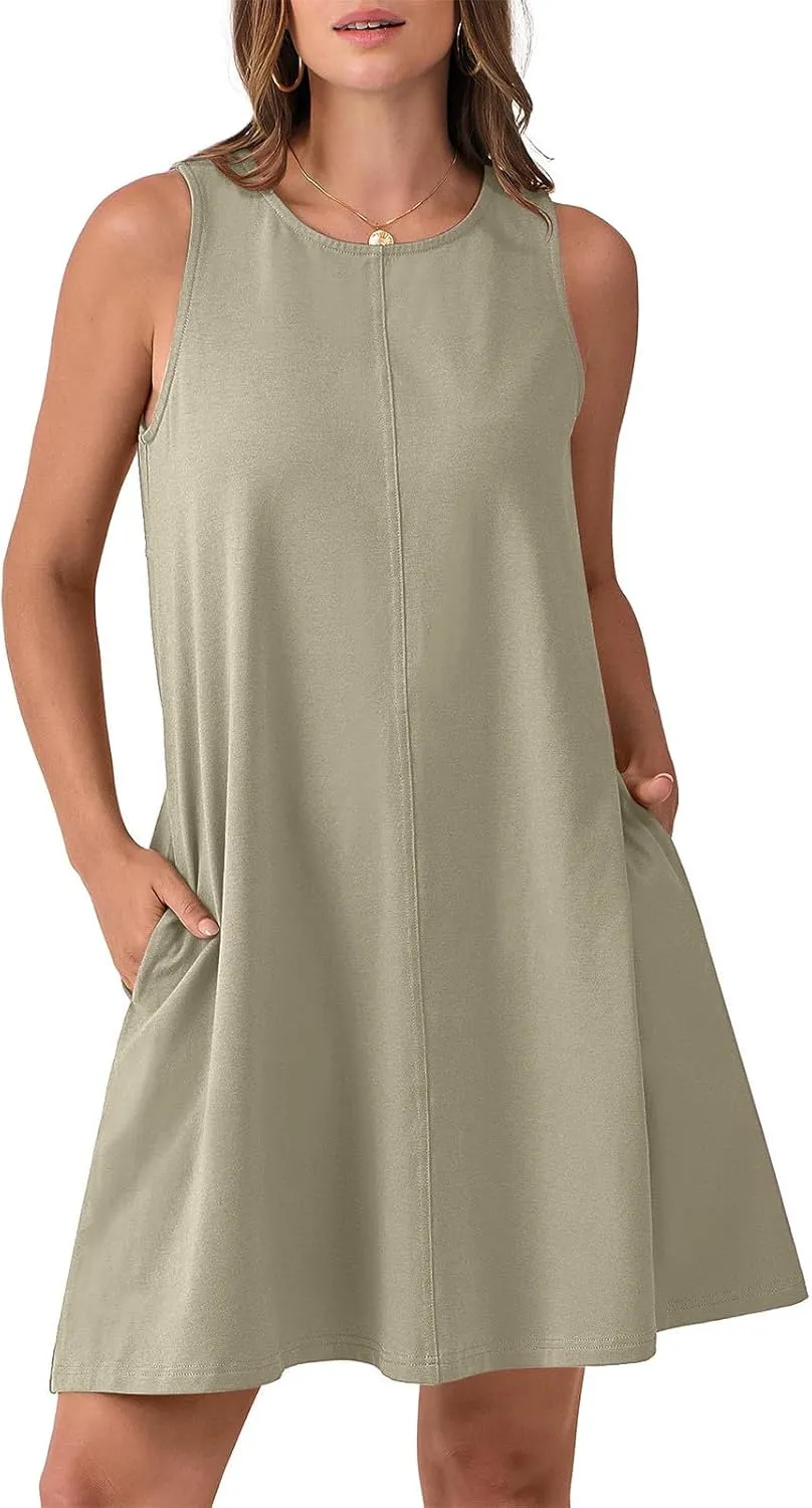 hlysgo A Line Dresses for Women Summer Cutout Back Sleeveless Mini Sundress Casual Loose Fit Coverup Beach Dress with Pocket