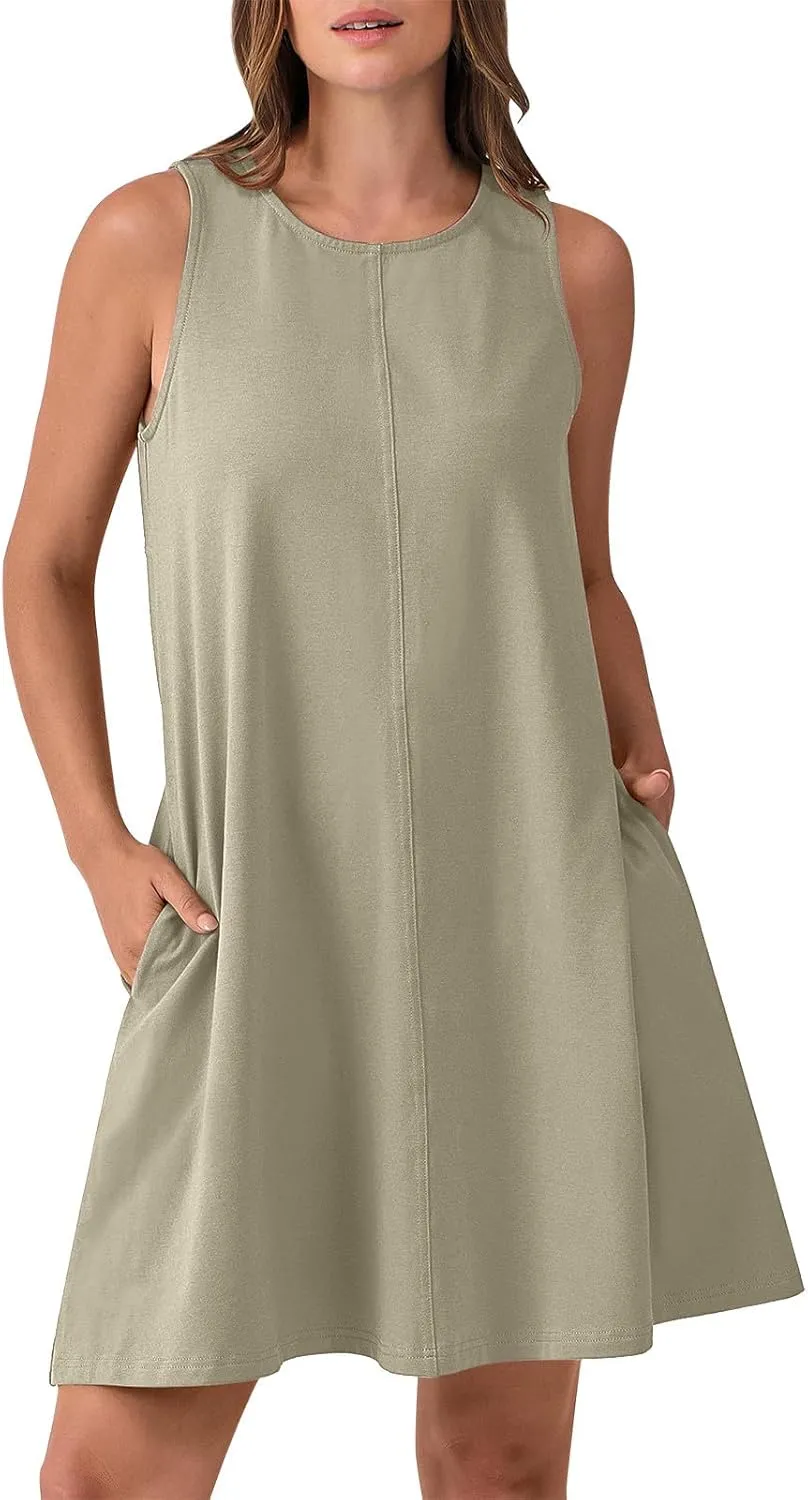 hlysgo A Line Dresses for Women Summer Cutout Back Sleeveless Mini Sundress Casual Loose Fit Coverup Beach Dress with Pocket
