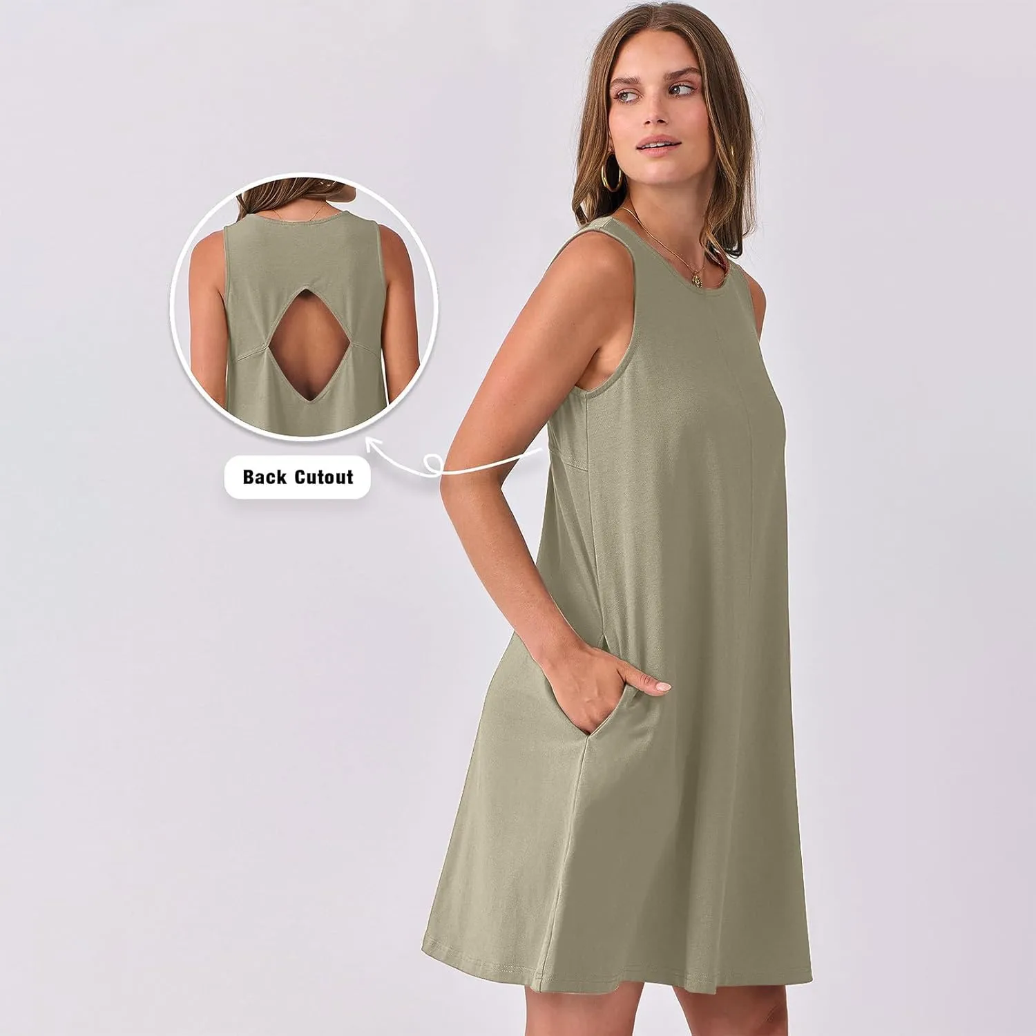 hlysgo A Line Dresses for Women Summer Cutout Back Sleeveless Mini Sundress Casual Loose Fit Coverup Beach Dress with Pocket