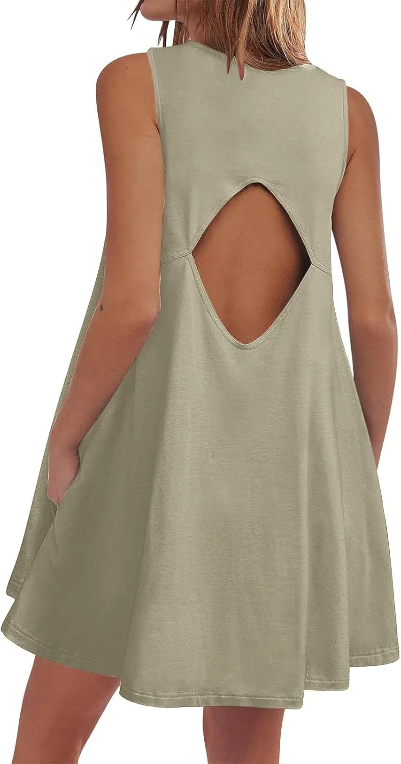 hlysgo A Line Dresses for Women Summer Cutout Back Sleeveless Mini Sundress Casual Loose Fit Coverup Beach Dress with Pocket