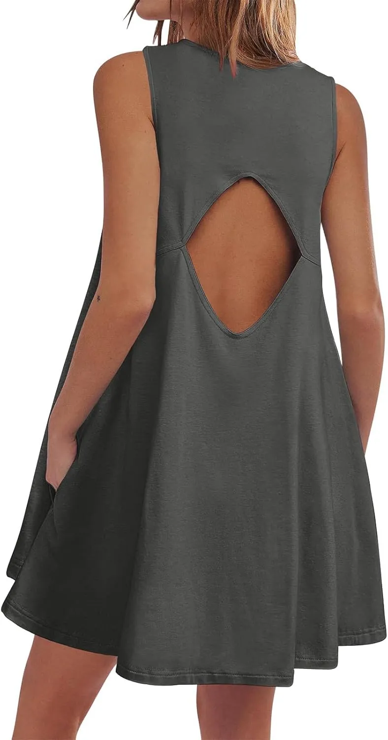 hlysgo A Line Dresses for Women Summer Cutout Back Sleeveless Mini Sundress Casual Loose Fit Coverup Beach Dress with Pocket