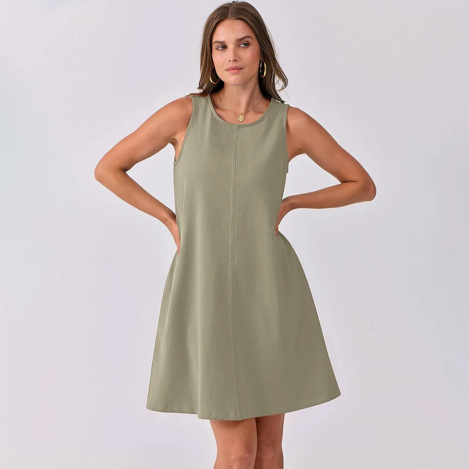 hlysgo A Line Dresses for Women Summer Cutout Back Sleeveless Mini Sundress Casual Loose Fit Coverup Beach Dress with Pocket