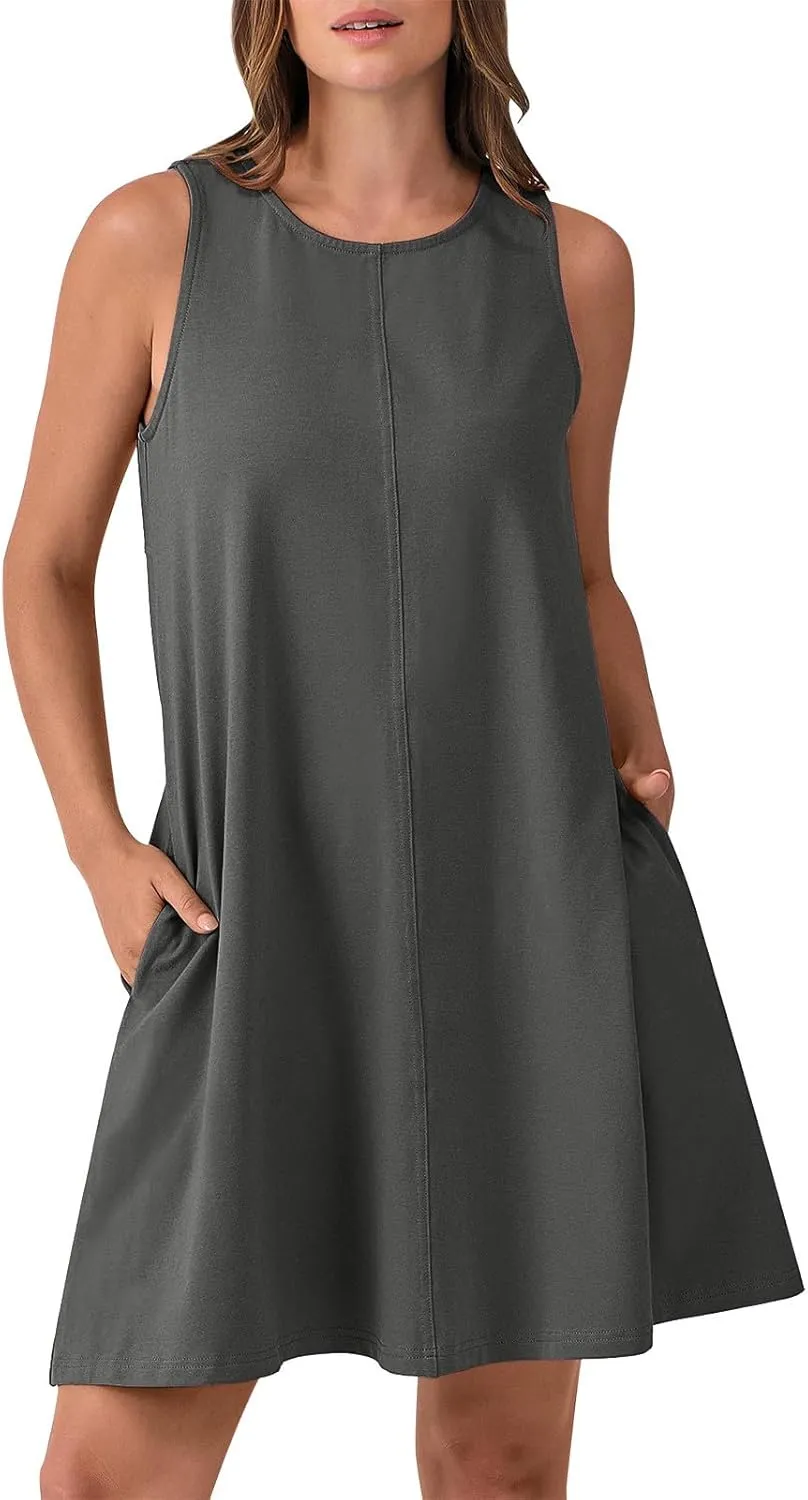 hlysgo A Line Dresses for Women Summer Cutout Back Sleeveless Mini Sundress Casual Loose Fit Coverup Beach Dress with Pocket