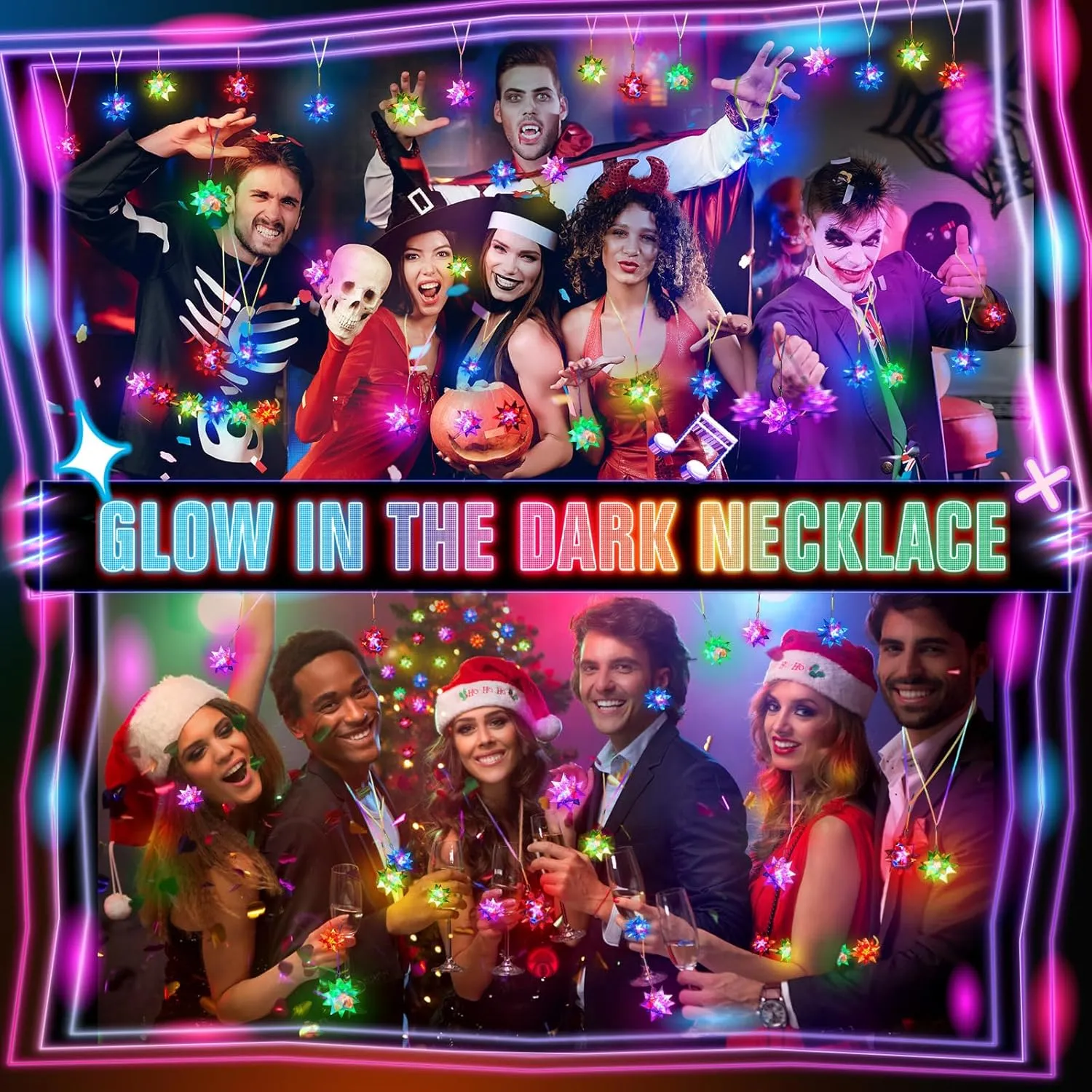 HONLYNE48 PCS Flashing Crystal Star Necklaces, Glow Necklaces Bulk Light up Party Favors, LED Glow in The Dark Necklaces for Kids Adults Birthday Glow Party Rave Halloween Goodie Bags Filler