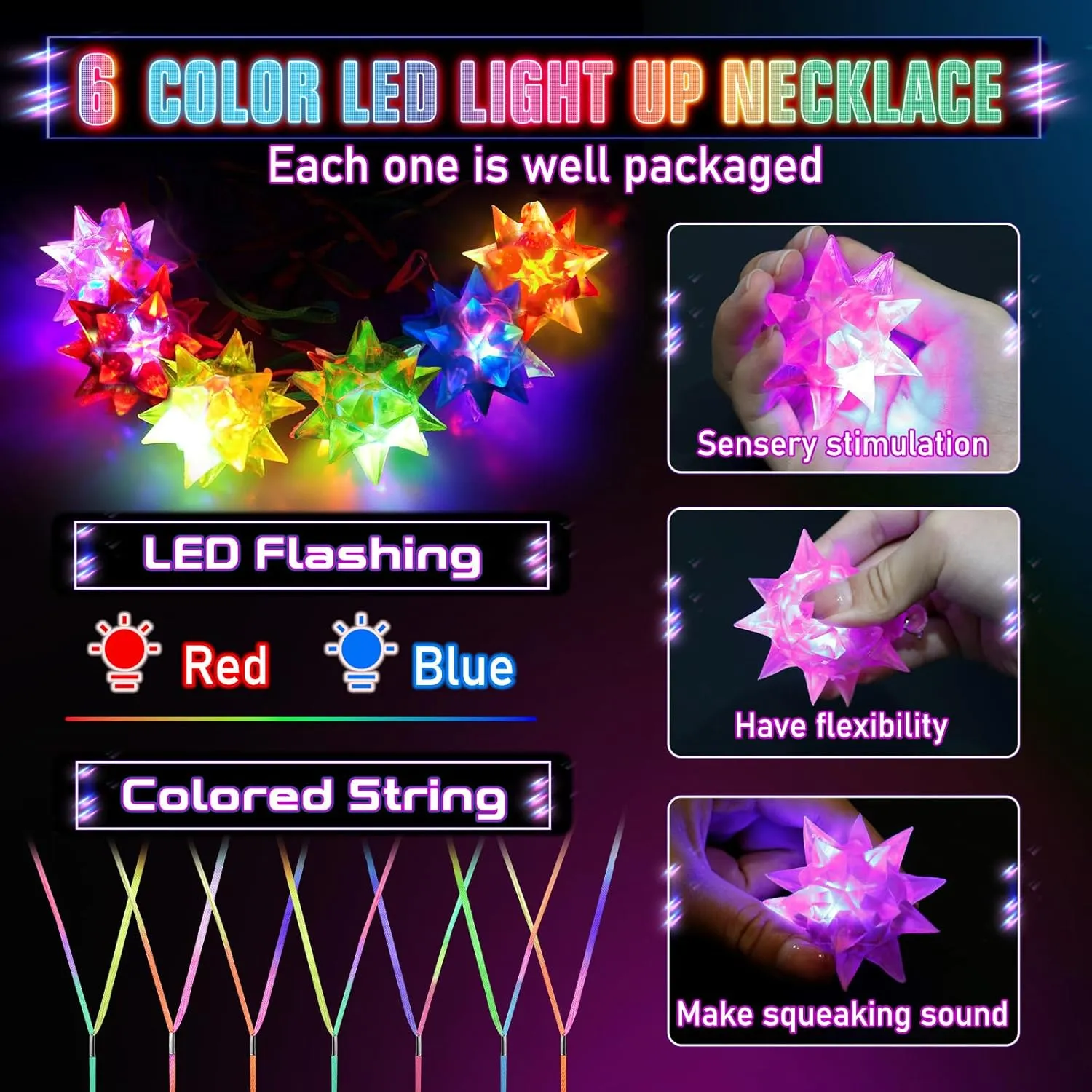 HONLYNE48 PCS Flashing Crystal Star Necklaces, Glow Necklaces Bulk Light up Party Favors, LED Glow in The Dark Necklaces for Kids Adults Birthday Glow Party Rave Halloween Goodie Bags Filler