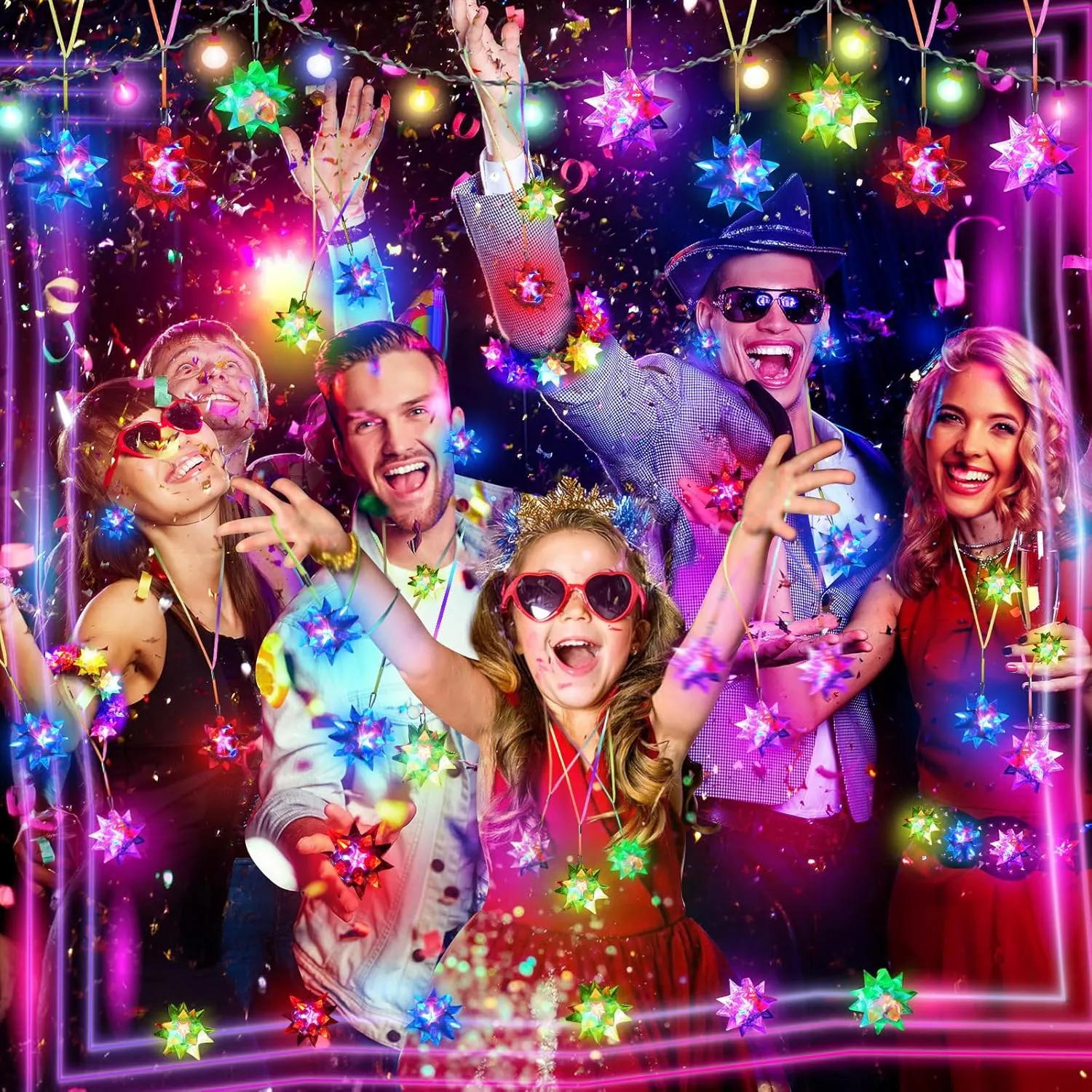HONLYNE48 PCS Flashing Crystal Star Necklaces, Glow Necklaces Bulk Light up Party Favors, LED Glow in The Dark Necklaces for Kids Adults Birthday Glow Party Rave Halloween Goodie Bags Filler