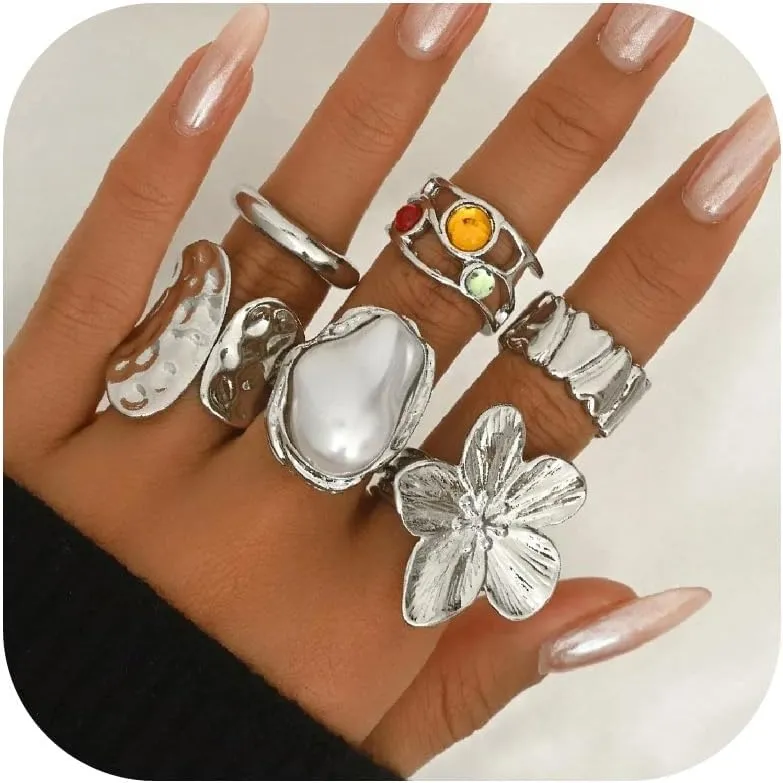 HUASAI Retro Ring Set for Women Flower & Rhinestone Pearl Rings Chunky Knuckle Rings