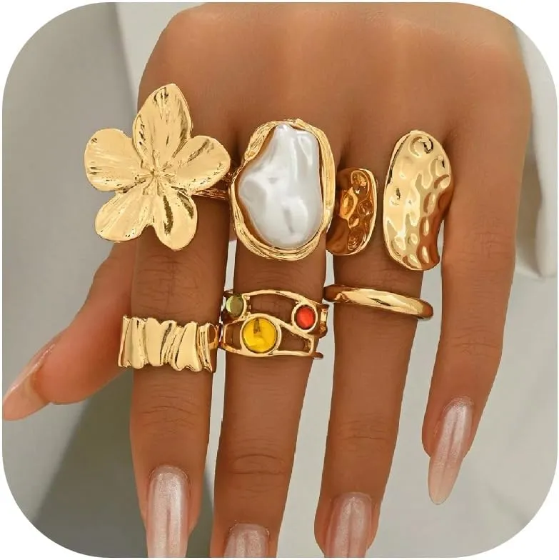 HUASAI Retro Ring Set for Women Flower & Rhinestone Pearl Rings Chunky Knuckle Rings