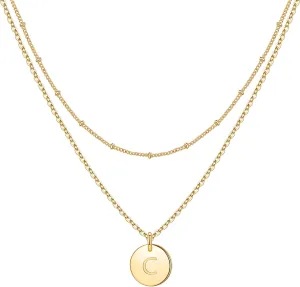 IEFWELL Initial Necklaces for Women Girls - Gold Silver Rose Gold Double Side Engraved Hammered Coin Necklaces, Layered Necklace Jewelry Pendant for Teen Girls