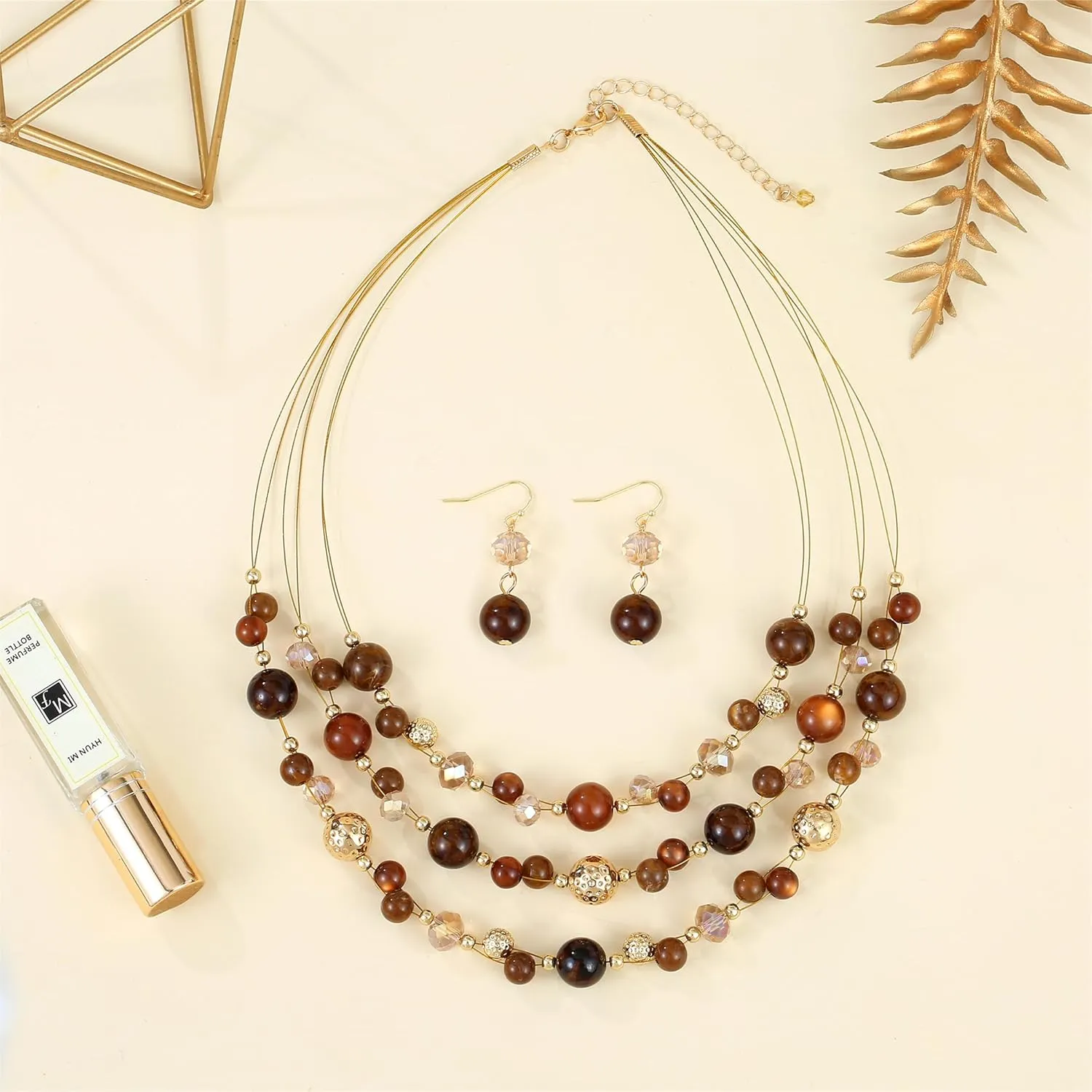 Illusion Wired Beads Necklaces Set 3 Layered Colorful Beaded Statement Necklaces Bohemian Western Jewelry Handmade Choker Necklace and Earrings Set for Holiday Gifts