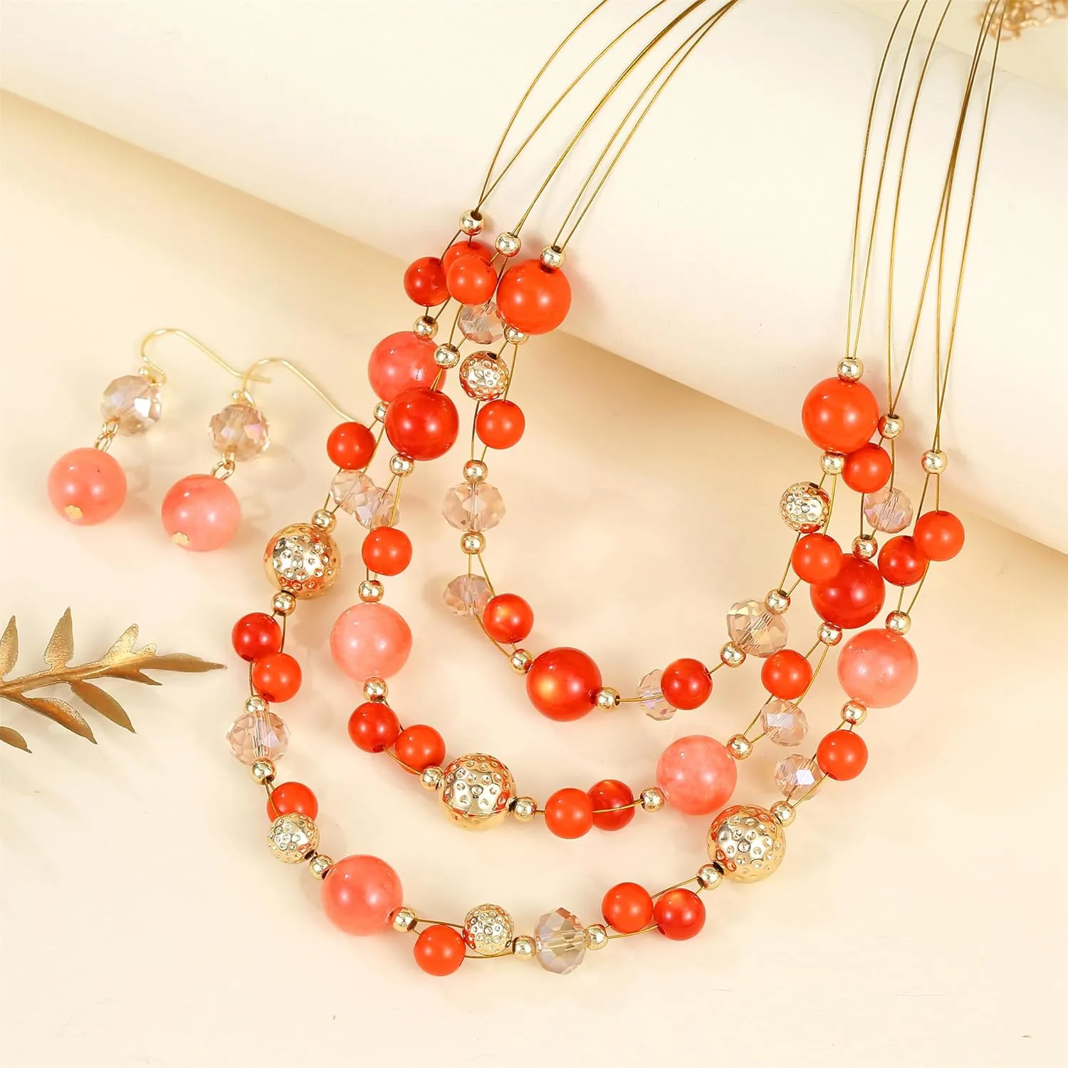Illusion Wired Beads Necklaces Set 3 Layered Colorful Beaded Statement Necklaces Bohemian Western Jewelry Handmade Choker Necklace and Earrings Set for Holiday Gifts