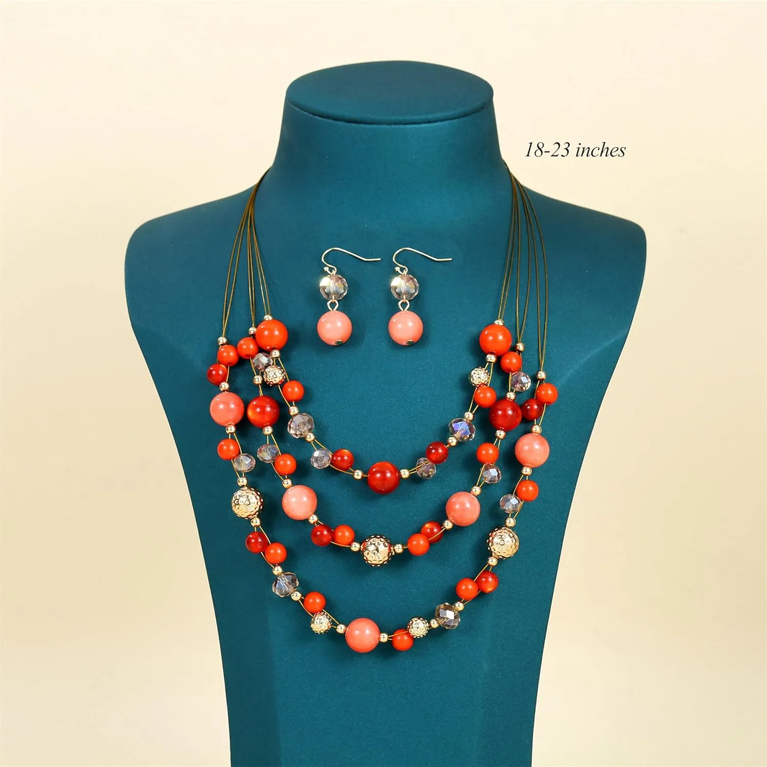 Illusion Wired Beads Necklaces Set 3 Layered Colorful Beaded Statement Necklaces Bohemian Western Jewelry Handmade Choker Necklace and Earrings Set for Holiday Gifts