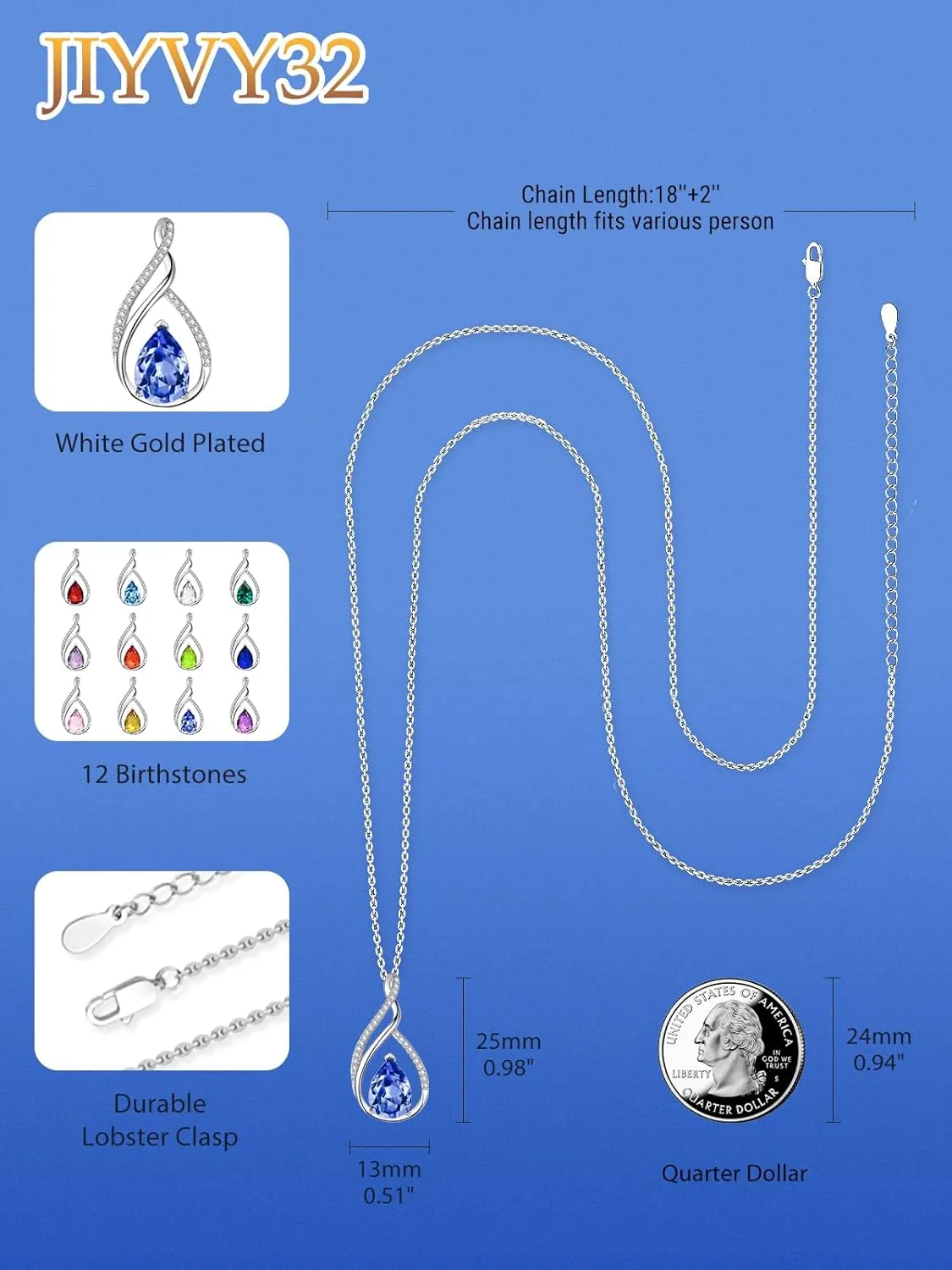 Infinity Birthstone Necklace for Women Wedding Anniversary, Birthday Gift for Wife Mother Her, Birthstone Pendant Jewelry, 18 2 Inch Adjustable Chain
