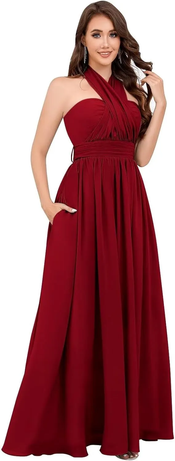 Infinity Chiffon Bridesmaid Dresses for Women 2024 Long Streamers Halter Strapless Ruched Formal Gown with Pockets