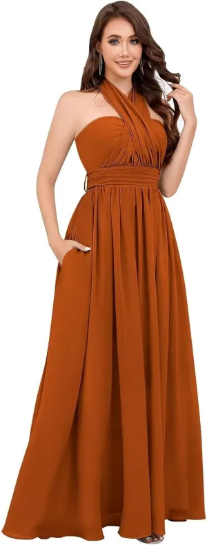 Infinity Chiffon Bridesmaid Dresses for Women 2024 Long Streamers Halter Strapless Ruched Formal Gown with Pockets
