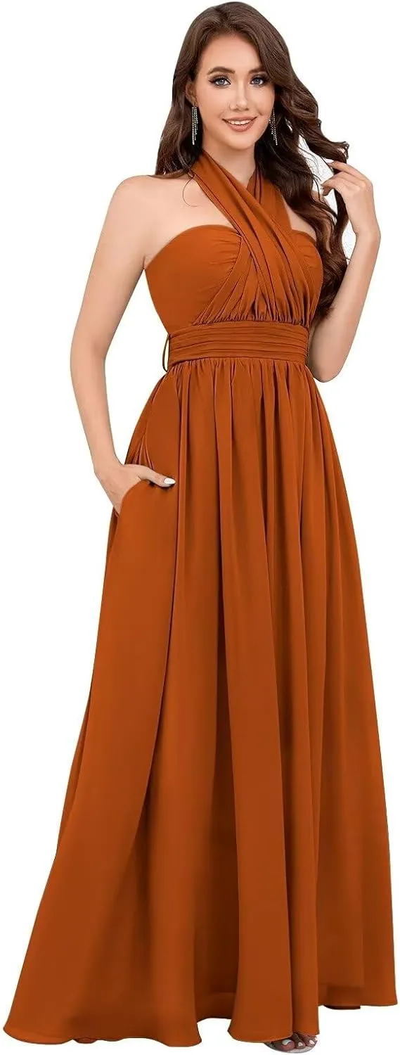Infinity Chiffon Bridesmaid Dresses for Women 2024 Long Streamers Halter Strapless Ruched Formal Gown with Pockets