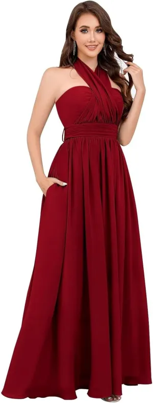 Infinity Chiffon Bridesmaid Dresses for Women 2024 Long Streamers Halter Strapless Ruched Formal Gown with Pockets