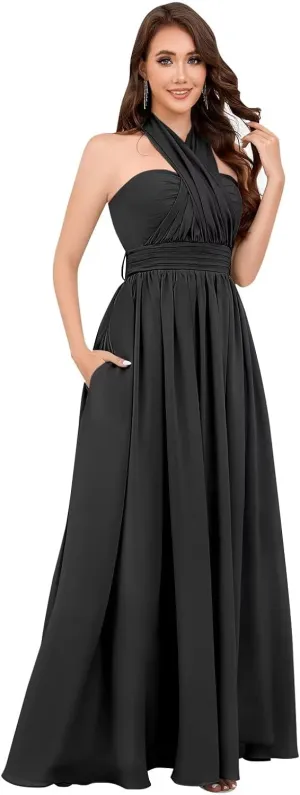 Infinity Chiffon Bridesmaid Dresses for Women 2024 Long Streamers Halter Strapless Ruched Formal Gown with Pockets