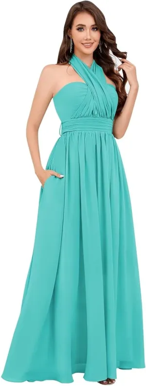 Infinity Chiffon Bridesmaid Dresses for Women 2024 Long Streamers Halter Strapless Ruched Formal Gown with Pockets