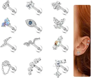 JeryWe 12Pcs 16G Cartilage Earrings Stud for Women Surgical Steel Top Screw Flat Back Earrings Bee Butterfly Snake Evil Eye Opal CZ Cartilage Earrings Tragus Helix Piercing Jewelry