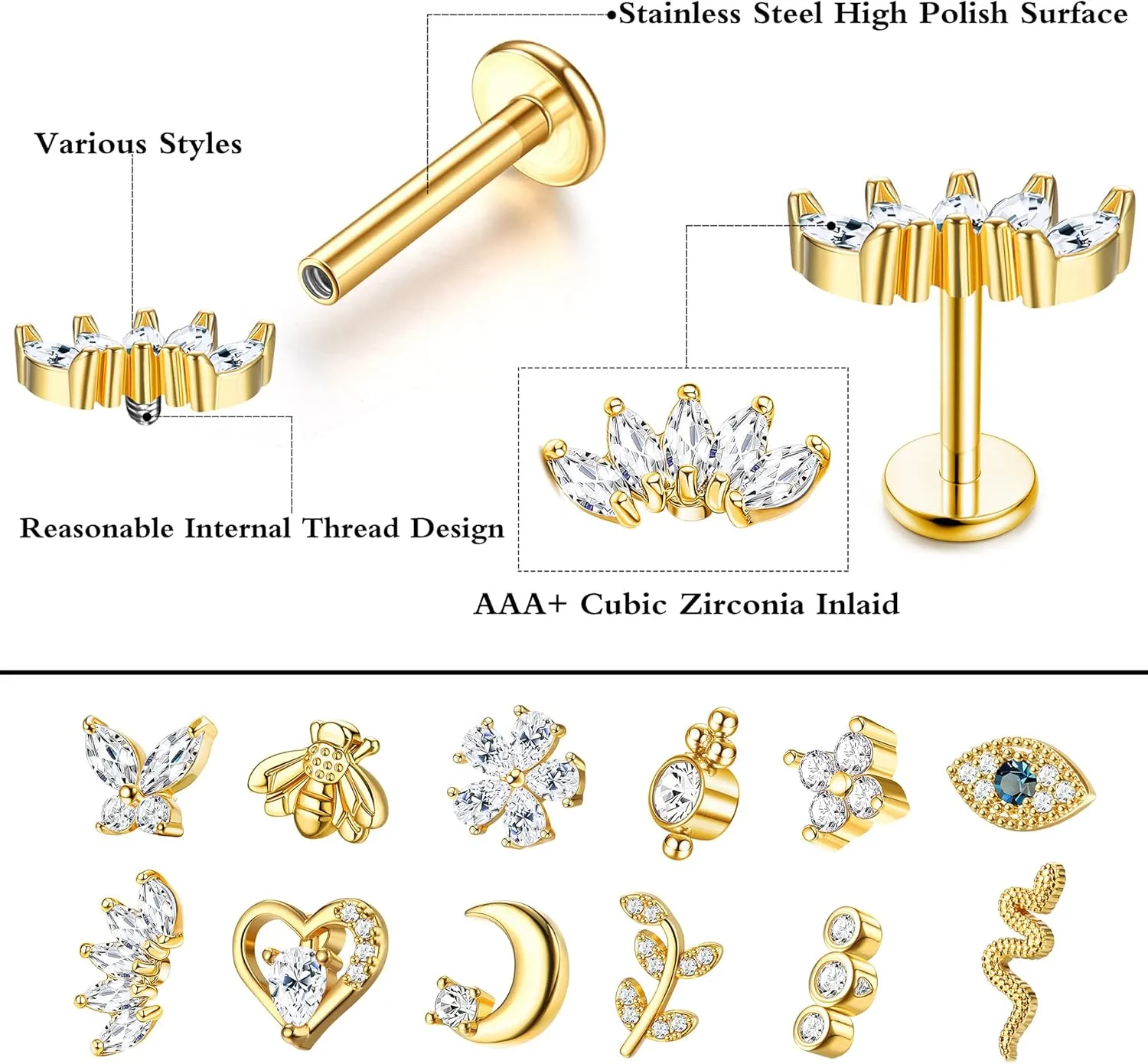 JeryWe 12Pcs 16G Cartilage Stud Earring for Women Stainless Steel Top Screw Flat Back Earrings Bee Butterfly Snake Evil Eye Moon Heart CZ Cartilage Earrings Nose Rings Studs Conch Helix Tragus Piercing Jewelry