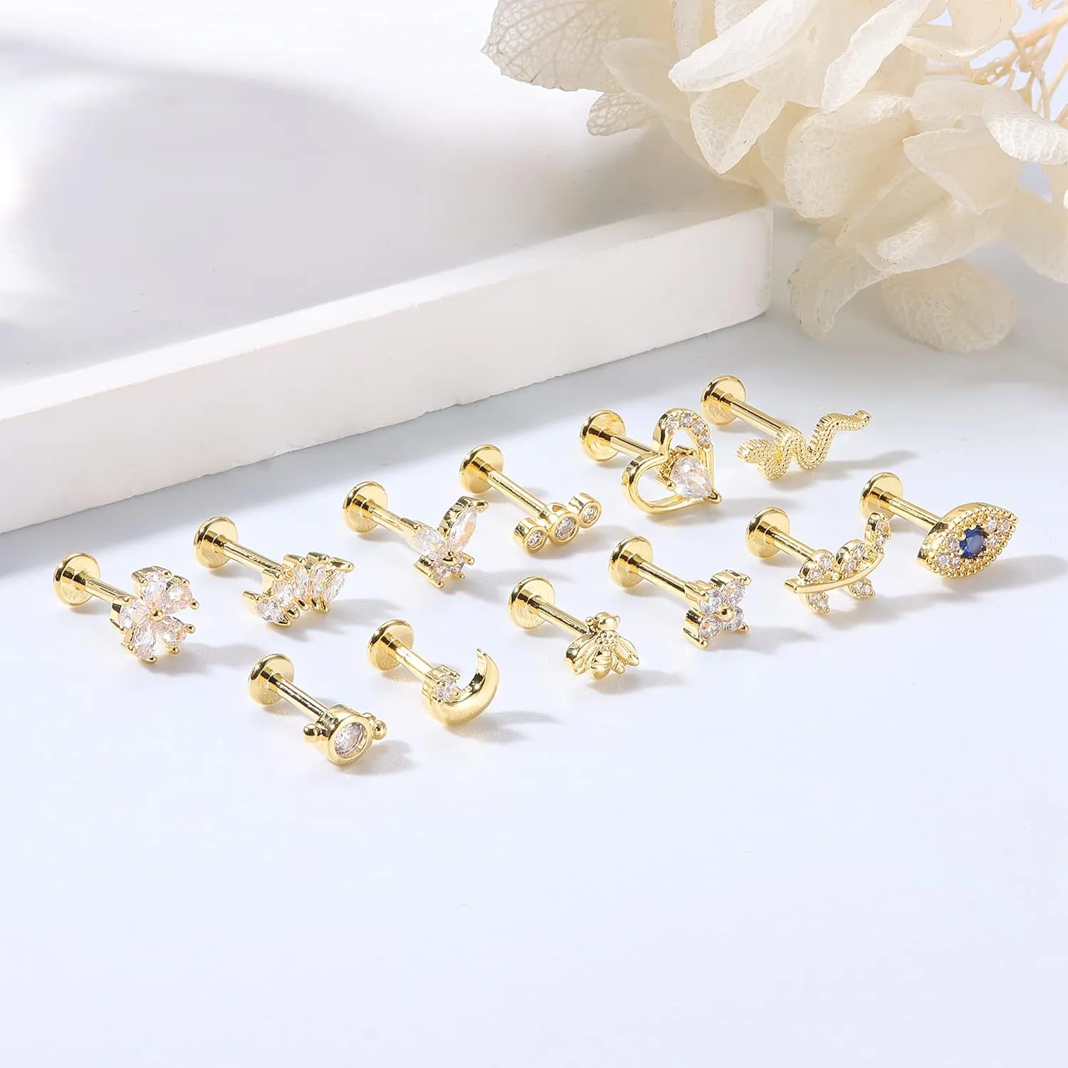 JeryWe 12Pcs 16G Cartilage Stud Earring for Women Stainless Steel Top Screw Flat Back Earrings Bee Butterfly Snake Evil Eye Moon Heart CZ Cartilage Earrings Nose Rings Studs Conch Helix Tragus Piercing Jewelry