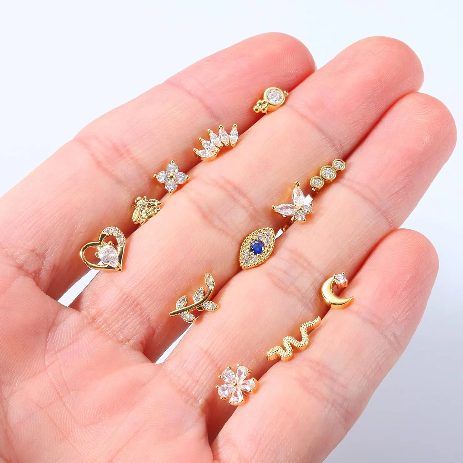 JeryWe 12Pcs 16G Cartilage Stud Earring for Women Stainless Steel Top Screw Flat Back Earrings Bee Butterfly Snake Evil Eye Moon Heart CZ Cartilage Earrings Nose Rings Studs Conch Helix Tragus Piercing Jewelry