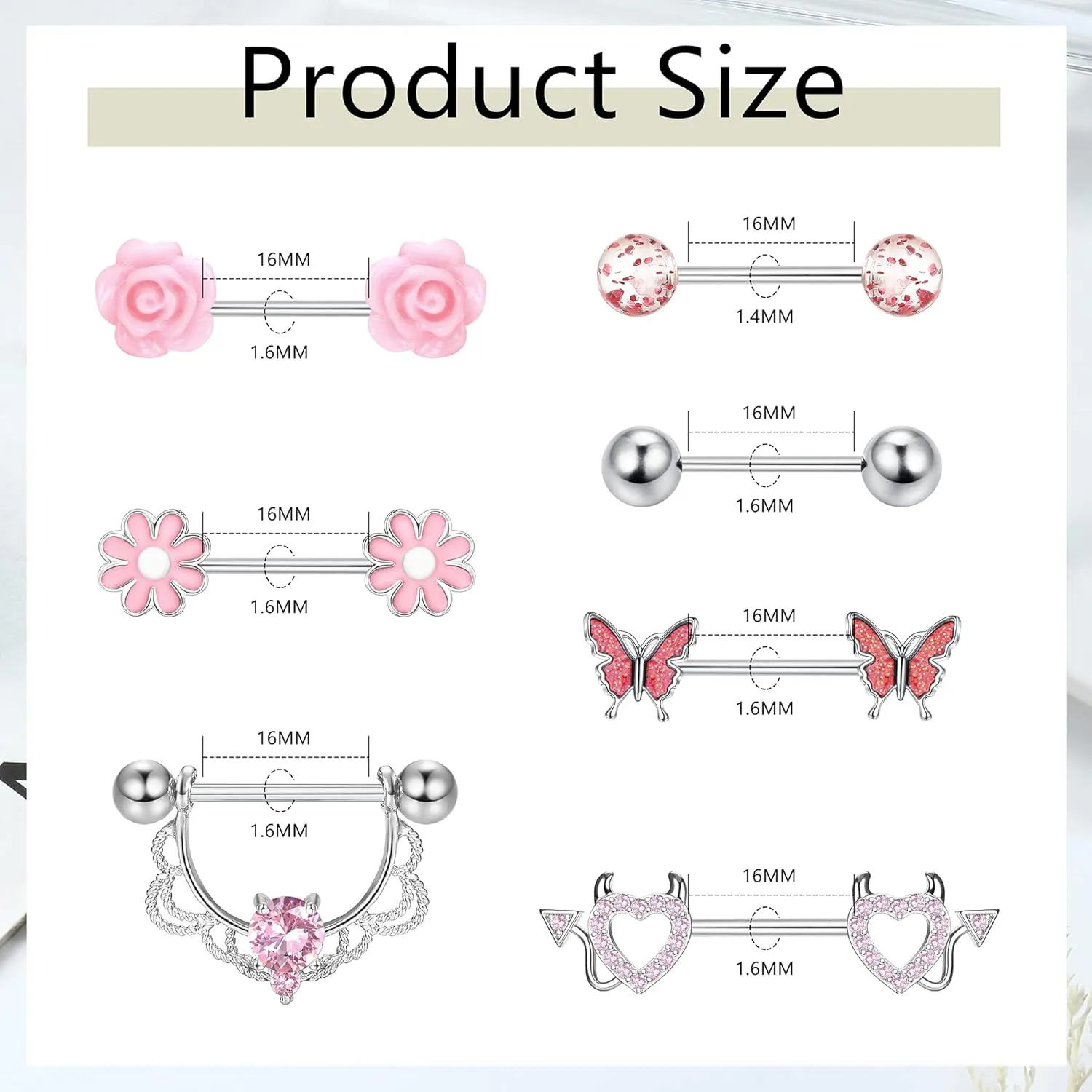 JeryWe 7 Pairs 14G Nipple Rings for Women 316L Stainless Steel Heart Butterfly CZ Flower Barbell Nipple Rings Set Cute Nipplerings Piercing Jewelry