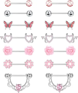 JeryWe 7 Pairs 14G Nipple Rings for Women 316L Stainless Steel Heart Butterfly CZ Flower Barbell Nipple Rings Set Cute Nipplerings Piercing Jewelry