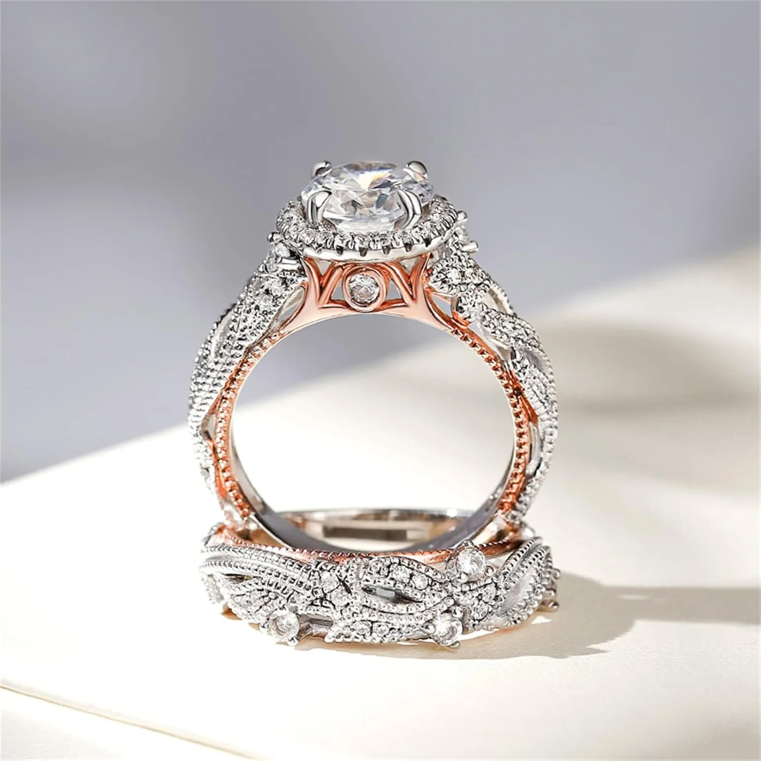 Jeulia 4 Carat Openwork Ring Sets for Women 925 Sterling Silver Wedding Sets Rose Gold Round Cut Halo Engagement Ring White Diamond band CZ Solitaire Anniversary Promise Rings