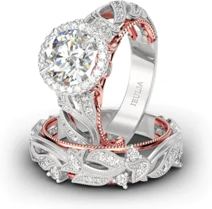 Jeulia 4 Carat Openwork Ring Sets for Women 925 Sterling Silver Wedding Sets Rose Gold Round Cut Halo Engagement Ring White Diamond band CZ Solitaire Anniversary Promise Rings
