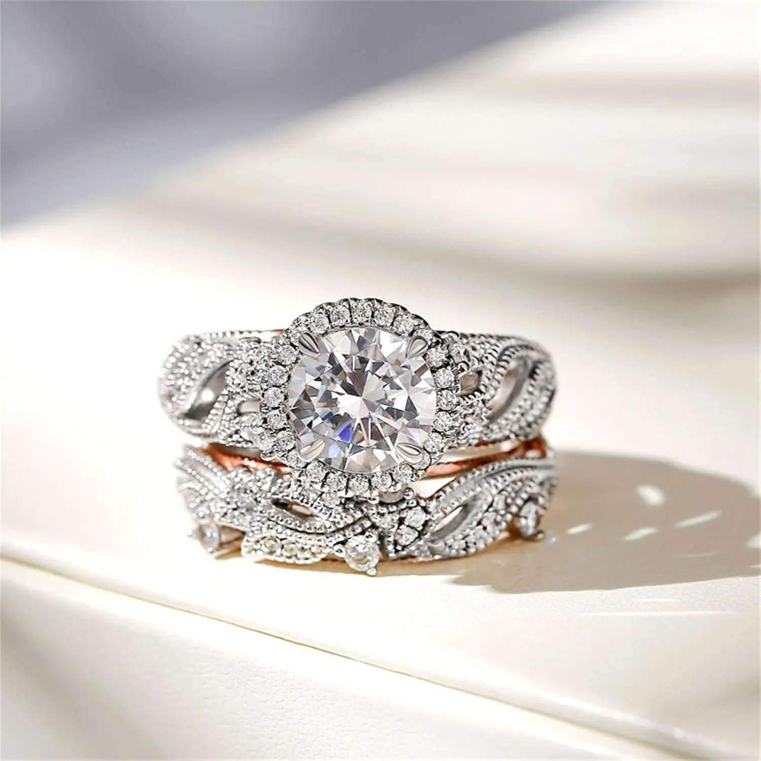 Jeulia 4 Carat Openwork Ring Sets for Women 925 Sterling Silver Wedding Sets Rose Gold Round Cut Halo Engagement Ring White Diamond band CZ Solitaire Anniversary Promise Rings