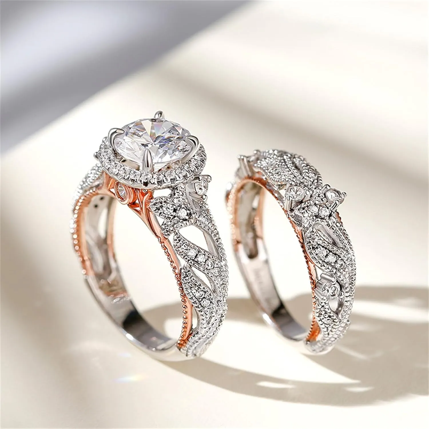 Jeulia 4 Carat Openwork Ring Sets for Women 925 Sterling Silver Wedding Sets Rose Gold Round Cut Halo Engagement Ring White Diamond band CZ Solitaire Anniversary Promise Rings