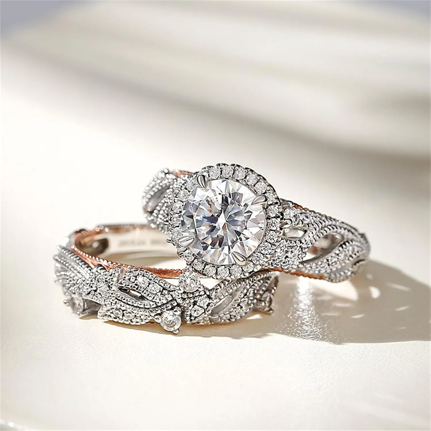 Jeulia 4 Carat Openwork Ring Sets for Women 925 Sterling Silver Wedding Sets Rose Gold Round Cut Halo Engagement Ring White Diamond band CZ Solitaire Anniversary Promise Rings