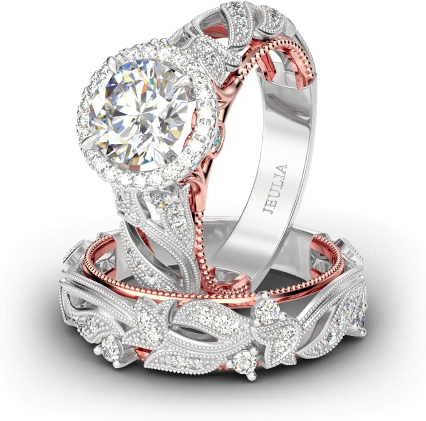 Jeulia 4 Carat Openwork Ring Sets for Women 925 Sterling Silver Wedding Sets Rose Gold Round Cut Halo Engagement Ring White Diamond band CZ Solitaire Anniversary Promise Rings