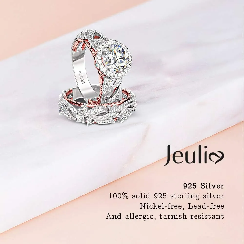 Jeulia 4 Carat Openwork Ring Sets for Women 925 Sterling Silver Wedding Sets Rose Gold Round Cut Halo Engagement Ring White Diamond band CZ Solitaire Anniversary Promise Rings