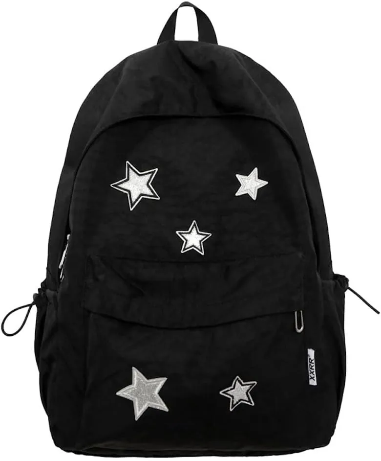 JHTPSLR Vintage Aesthetic Backpack Preppy Backpack Patches Stars Retro Stars Backpack Dark Academia Aesthetic Backpack (Black)