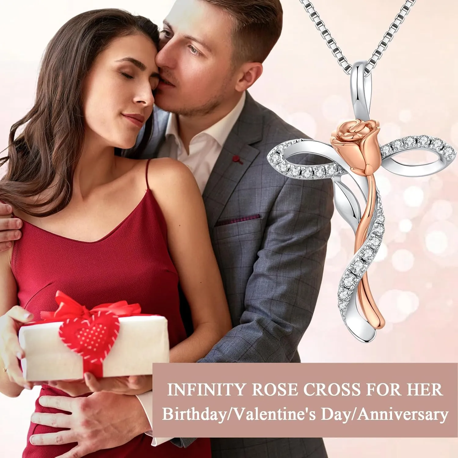 jiamiaoi 18K White Gold Plated 925 Sterling Silver Cross Necklace for Women, Rose Cross Necklace Infinity Faith Gifts for Women
