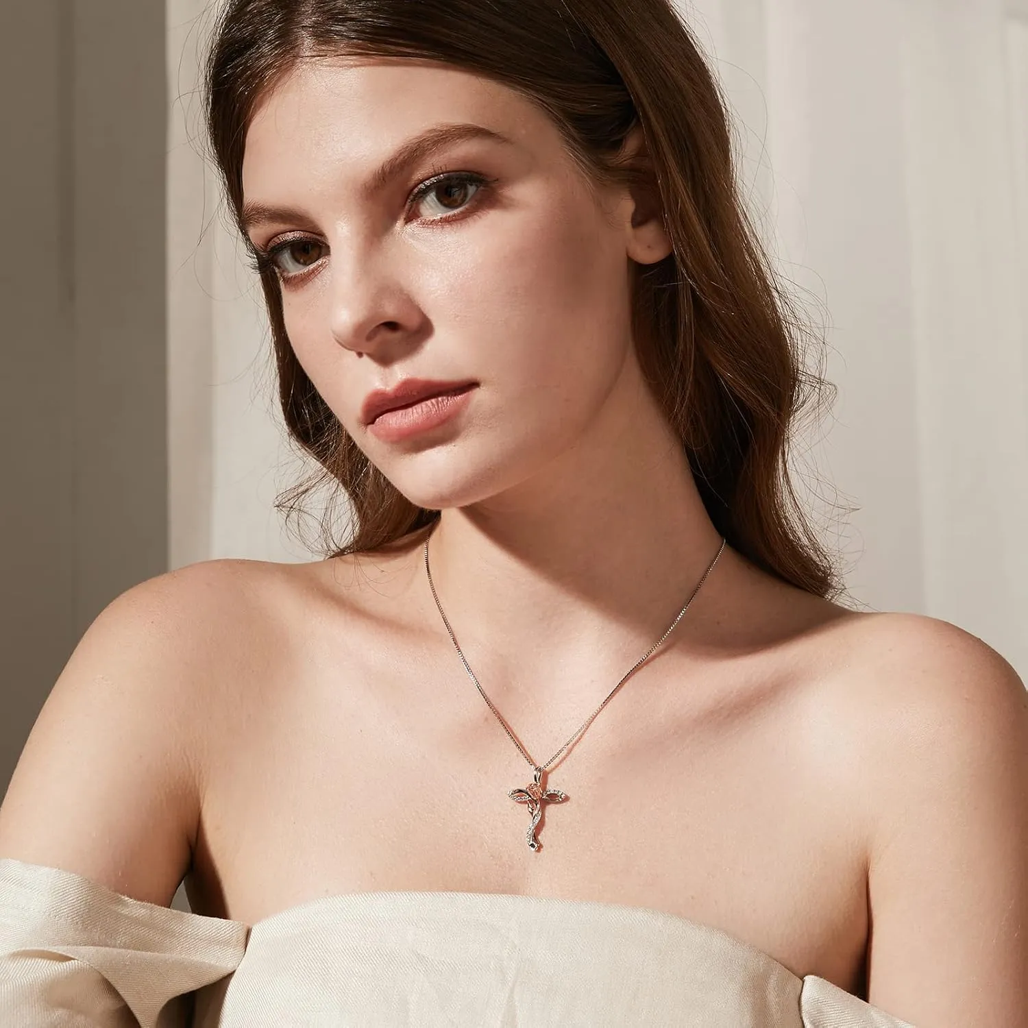jiamiaoi 18K White Gold Plated 925 Sterling Silver Cross Necklace for Women, Rose Cross Necklace Infinity Faith Gifts for Women