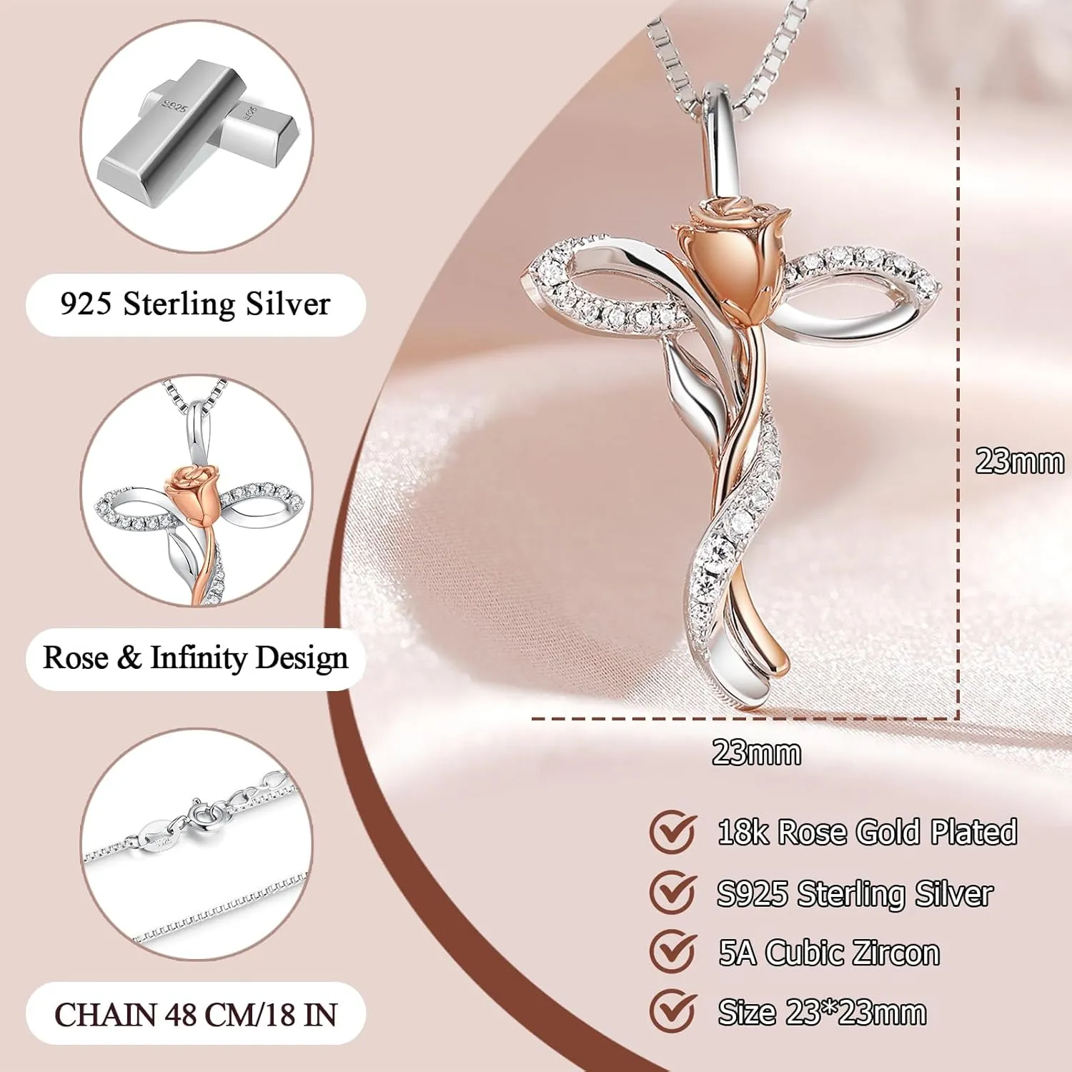 jiamiaoi 18K White Gold Plated 925 Sterling Silver Cross Necklace for Women, Rose Cross Necklace Infinity Faith Gifts for Women