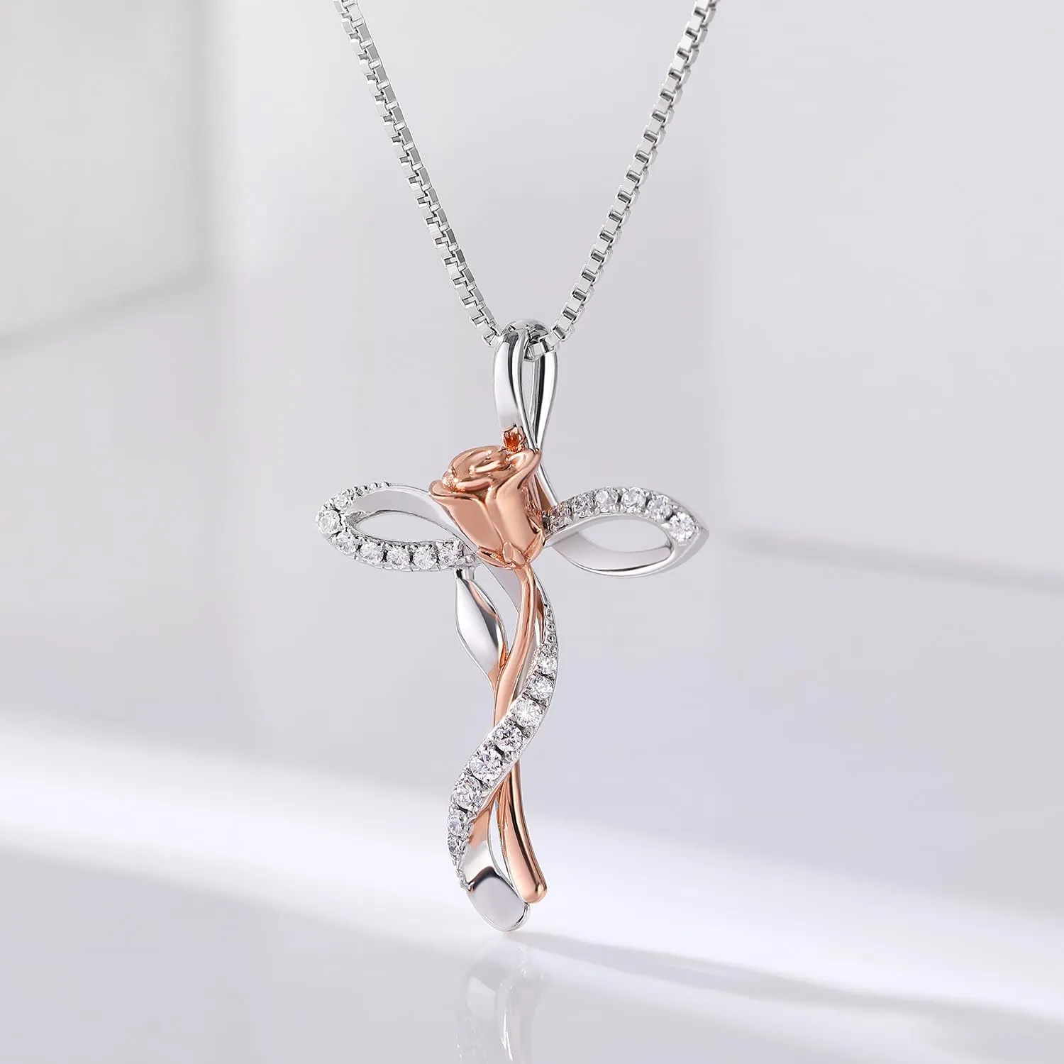 jiamiaoi 18K White Gold Plated 925 Sterling Silver Cross Necklace for Women, Rose Cross Necklace Infinity Faith Gifts for Women