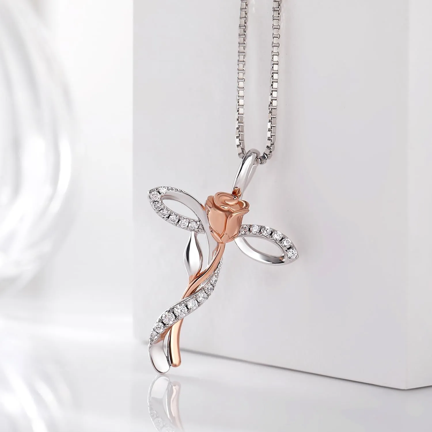 jiamiaoi 18K White Gold Plated 925 Sterling Silver Cross Necklace for Women, Rose Cross Necklace Infinity Faith Gifts for Women