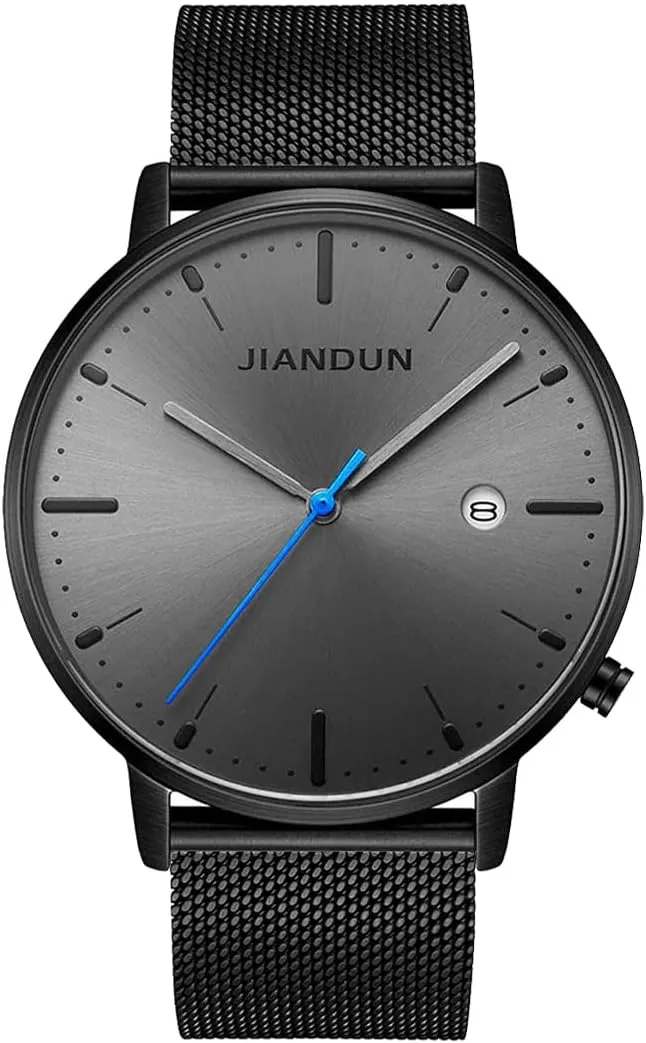 JIANDUN Mens Ultra-Thin Minimalist Wrist Watches for Men Dress Stainless Steel Mesh Band Waterproof(Black-Black Face Blue Second)