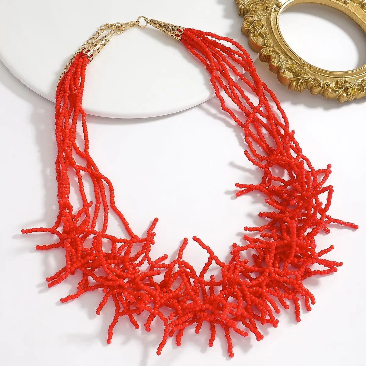JNF Beach Shell Coral Beaded Necklace for Women Coastal Boho Statement Necklaces Beads Fringe Choker Collar Summer Jewelry