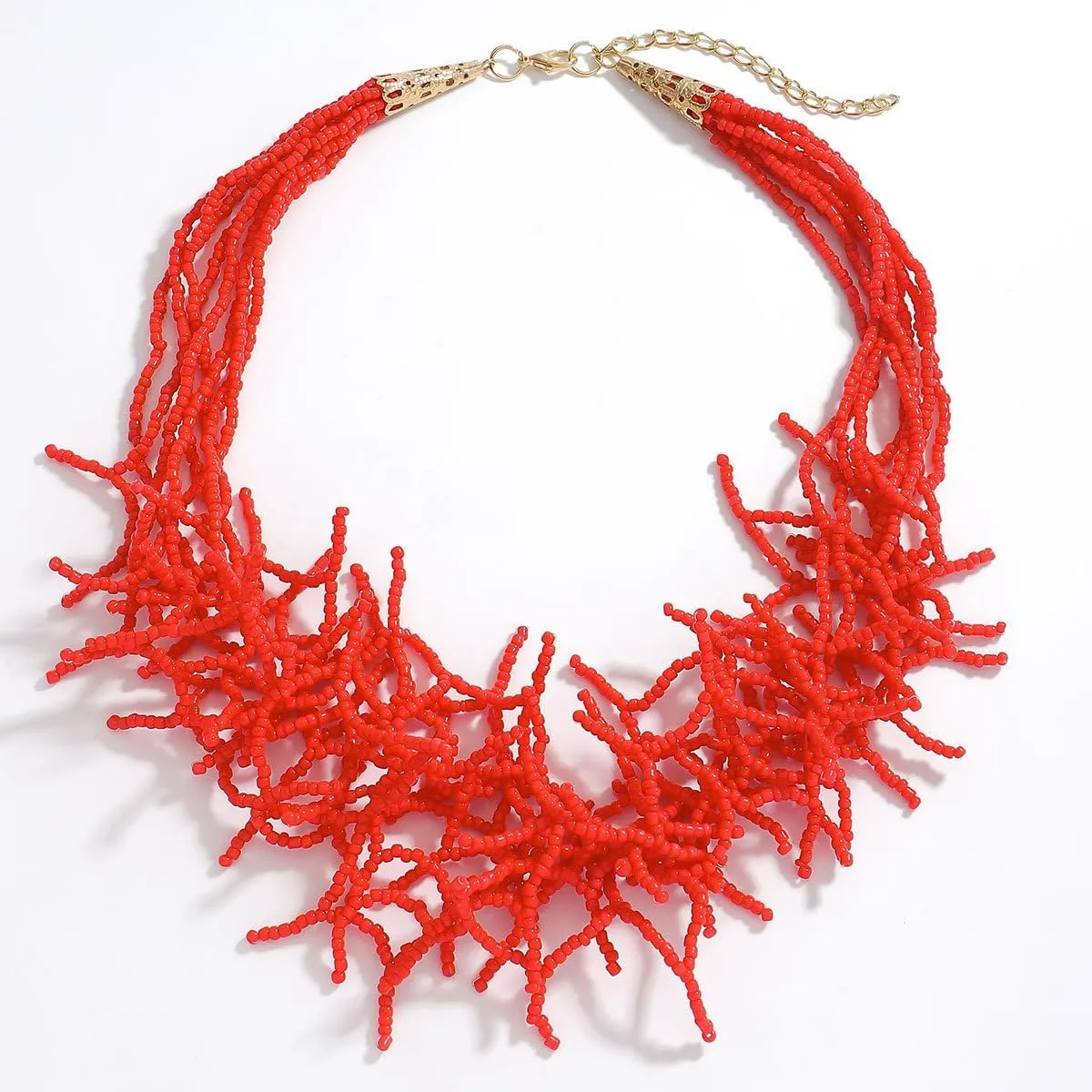 JNF Beach Shell Coral Beaded Necklace for Women Coastal Boho Statement Necklaces Beads Fringe Choker Collar Summer Jewelry
