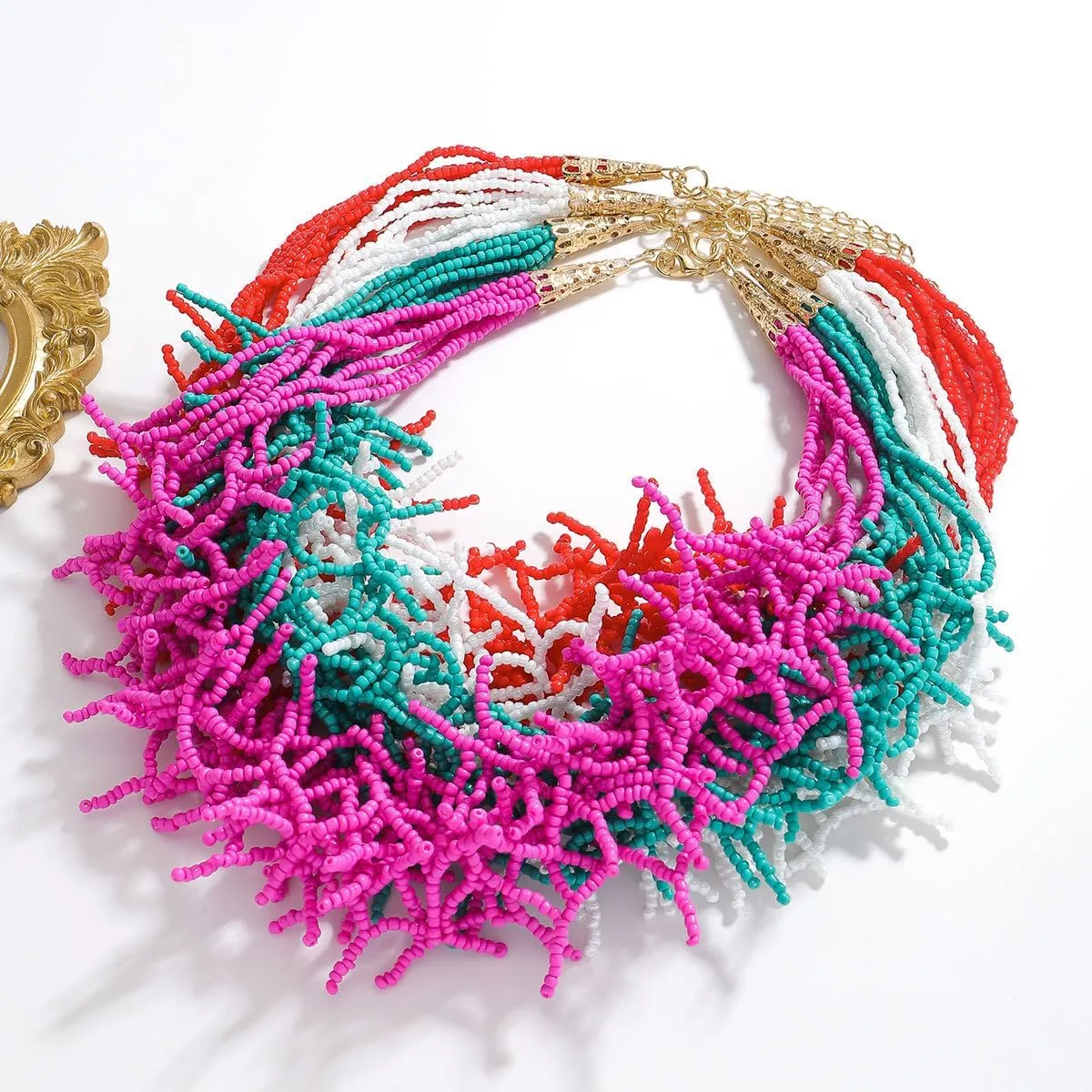 JNF Beach Shell Coral Beaded Necklace for Women Coastal Boho Statement Necklaces Beads Fringe Choker Collar Summer Jewelry