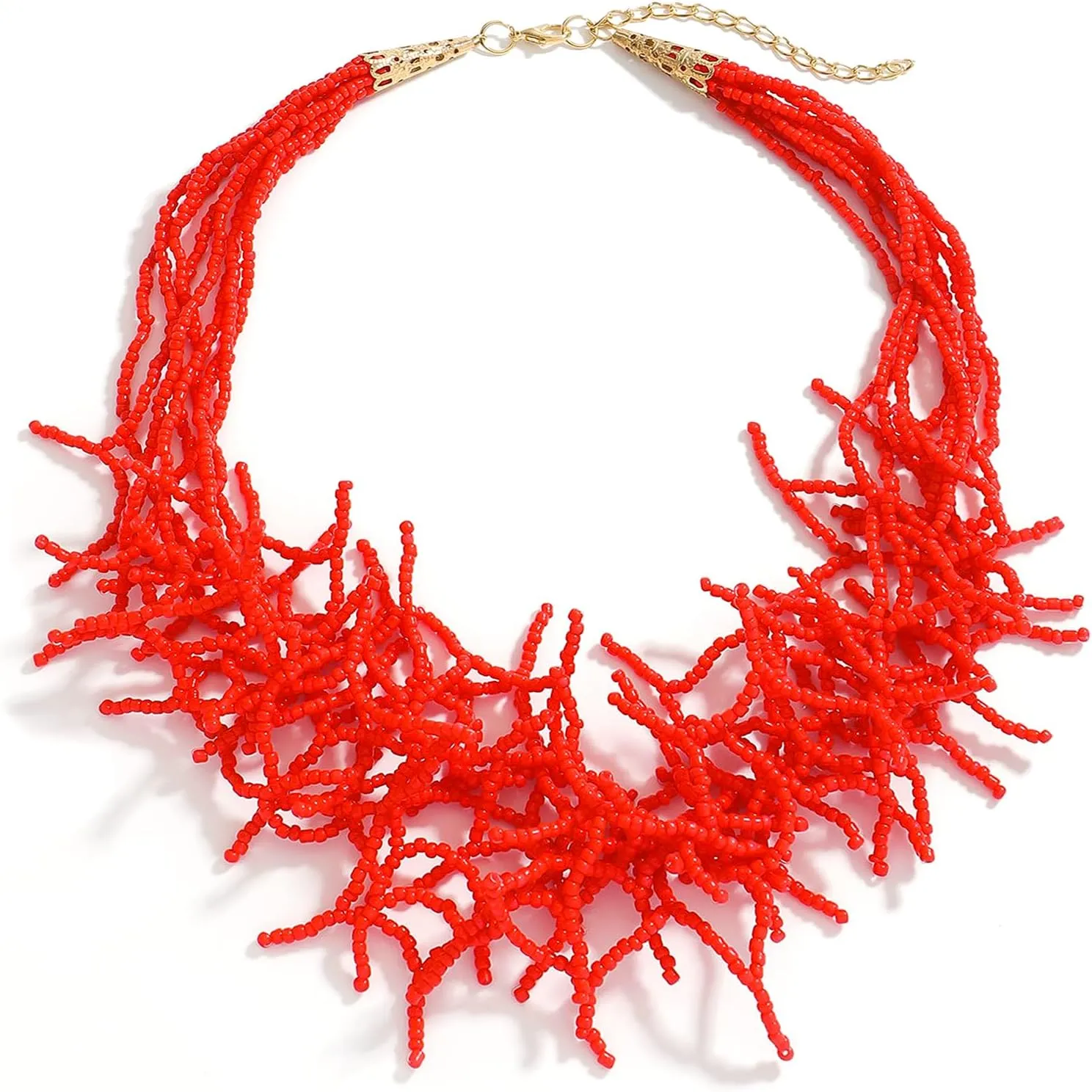 JNF Beach Shell Coral Beaded Necklace for Women Coastal Boho Statement Necklaces Beads Fringe Choker Collar Summer Jewelry