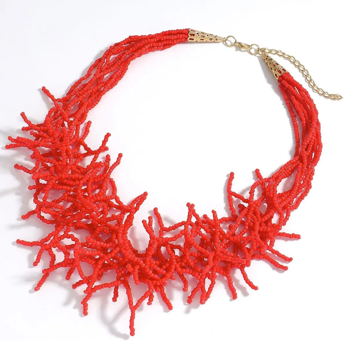 JNF Beach Shell Coral Beaded Necklace for Women Coastal Boho Statement Necklaces Beads Fringe Choker Collar Summer Jewelry