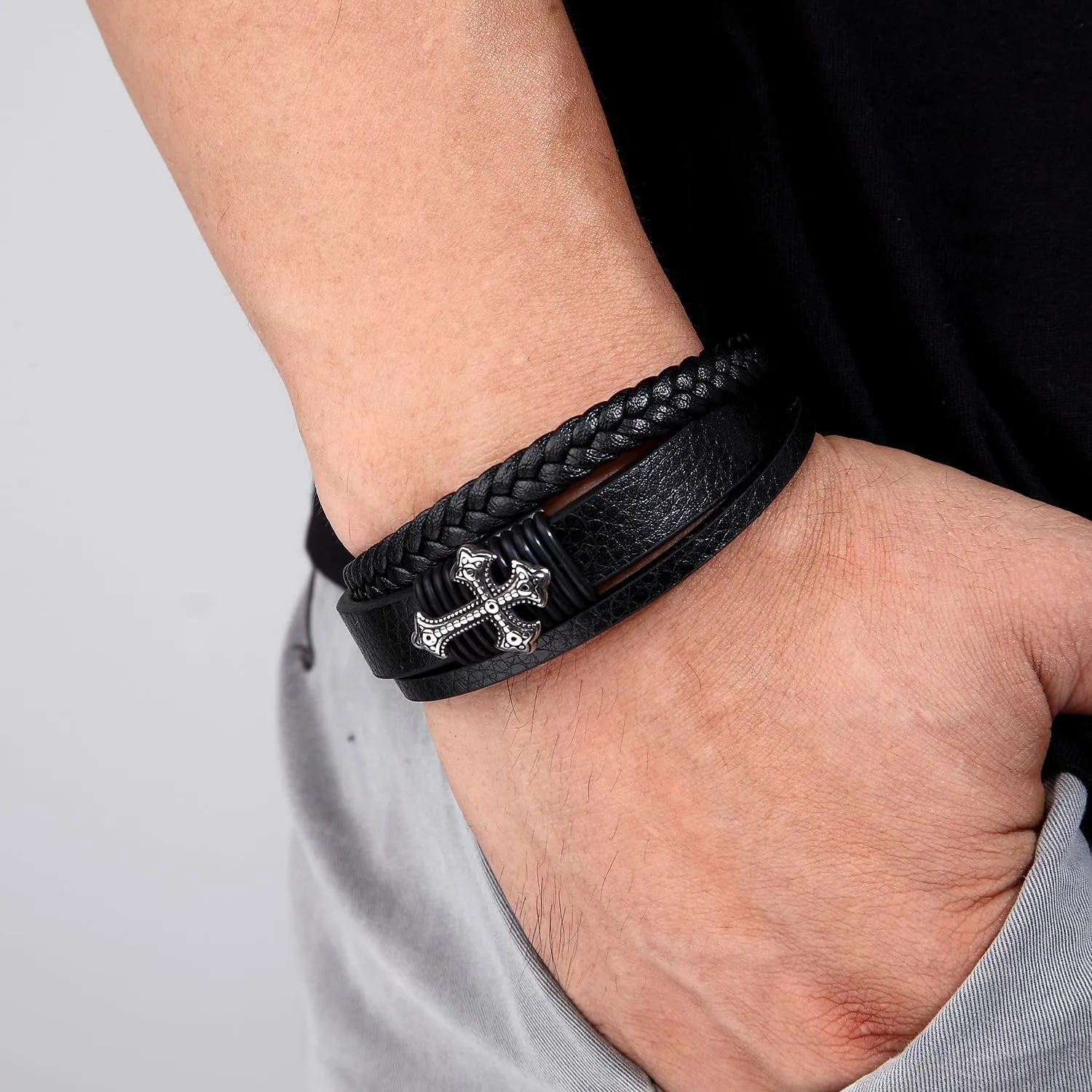 JO WISDOM Multi-Layer Braided Leather Cross Bracelets for Mens Cuff Bracelets Leather Bracelet Religious Leather Bracelets Jewelry Gift